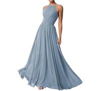 Abito da donna con scollo all'americana, abito da damigella d'onore, abito lungo in chiffon, Blu polvere., 42
