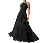 Abito da donna con scollo all'americana, abito da damigella d'onore, abito lungo in chiffon, Nero , 42