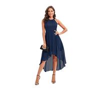 Abito da donna con scollo all'americana alto e basso, abito da cocktail in chiffon con pizzo floreale vintage, abito da damigella d'onore Hi Lo per matrimoni Swing Party Dress, Blu navy, S