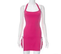 Abito da donna con scollo all'americana e schiena scoperta, aderente, aderente, per mini abito estivo per feste estive in discoteca, nero (L rosa rosso)