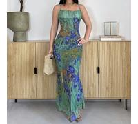 Abito da donna con scollo profondo e coda di pesce, stampa vintage del dipinto di Van Gogh, elegante per feste, vacanze e estate L,M,S,XSStampa CasualeTessuto in tulle