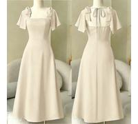 Abito da donna con scollo quadrato blu, fiocco e laccio in vita, gonna ampia. Design elegante, adatto per compleanni, appuntamenti, feste, San Valentino, Festa del Lavoro, Festa degli Insegnanti, Rito