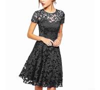 Abito da donna con scollo rotondo, a maniche corte, tinta unita, casual, lunghezza regolare, elastico, per vacanze, vita quotidiana, club, primavera, estate, inverno, scelta delle taglie (L nero)