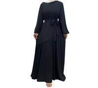 Abito da donna con scollo rotondo, a maniche lunghe, orlo increspato a vita alta, maxi abito a linee, musulmano, lungo, Medio Oriente, Dubai Turchia, arabo, abito casual musulmano, senza hijab, O nero