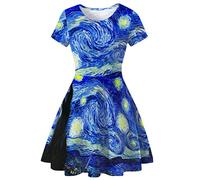 Abito da Donna con Scollo Tondo con Stampa Digitale 3D, Gonna a Pieghe da Festa a Trapezio di Arte Creativa,Van Gogh,S