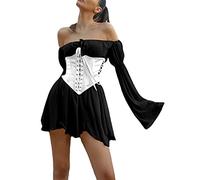 Abito da donna con spalle scoperte con maniche a sbuffo, maniche corte a sbuffo, mini abito a linea ad angolo, scollo a rete, senza bustino, A-nero., S