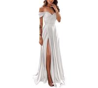 Abito da donna con spalle scoperte, in raso, con spacco per adolescenti, abito lungo da damigella d'onore, abito da festa formale, bianco, 60 Più