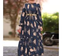 Abito da donna con stampa a pennello, collo rotondo, maniche a lanterna, volant sul fondo, stile arabo, modesto, adatto per la primavera e le vacanze L,M,S,XLTribaleTessuto intrecciato