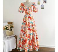 Abito da donna con stampa floreale colorata, maniche a sbuffo, volant sulla gonna, romantico, adatto per vacanze, matrimoni, laurea, feste di ritorno a scuola, casual, addio al nubilato, vintage, esta