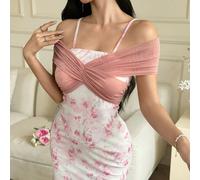 Abito da donna con stampa floreale e arricciature sulle spalle, elegante, abito da donna sexy per matrimoni, feste e balli, in tessuto che affina la vita, comodo, morbido ed elastico, adatto per il ri