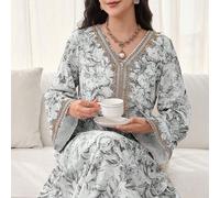 Abito da donna con stampa floreale, patchwork all'uncinetto, maniche lunghe, elegante e modesto stile A-line, kaftan e jalabiya per feste serali, matrimoni, anniversari e uso quotidiano L,M,S,XLPiante