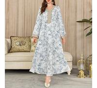Abito da donna con stampa floreale, patchwork in uncinetto, maniche lunghe, abito caftano e jalabiya elegante e modesto a linea A, per festa serale/invitato a matrimonio/anniversario/uso quotidiano L,