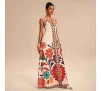 Abito da donna con stampa floreale, scollo a V profondo, vita annodata, linea ad A, abito casual da vacanza con schiena scoperta per donne L,M,S,XLPianteTessuto intrecciato