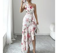 Abito da donna con stampa sfumata a un spalla, design con volant sull'orlo irregolare, adatto per primavera/estate. Design con orlo irregolare, elegante e alla moda, adatto per uso quotidiano, matrimo