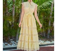 Abito da donna con volant sulla vita, maniche a coppa, colore giallo, elegante, casual per l'estate, adatto per la spiaggia e le vacanze L,M,S,XLstampa dappertuttoTessuto intrecciato