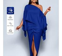 Abito da donna di grandi dimensioni in lino di colore solido con spalla scoperta, maniche a mantella, orlo asimmetrico plissettato e spacco, design a bozzolo, adatto per uso casual quotidiano in autun