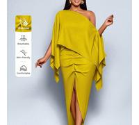 Abito da donna di grandi dimensioni in lino di colore solido con spalla scoperta, maniche a mantella, orlo asimmetrico plissettato e spacco, design a bozzolo, adatto per uso casual quotidiano in autun