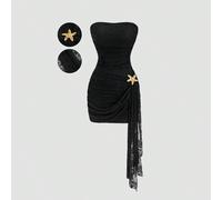 Abito da donna di nuova moda versatile con inserti in pizzo, abito mini avvolgente con vita segnata, abito fluido in pizzo con decorazione di una spilla a forma di stella marina in metallo L,M,S,XSPia
