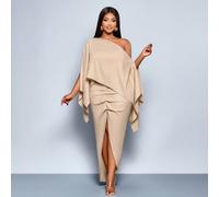 Abito da donna di taglia comoda in lino tinta unita, con elemento scialle monospalla, maniche a mantella, orlo asimmetrico plissettato e spacco, design diversificato alla moda, design a bozzolo, adatt