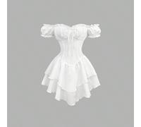 Abito da donna dolce ed elegante stile cottagecore romantico bianco per feste, picnic e feste in giardino, con spalle scoperte, maniche a palloncino, coulisse sul retro, vita e orlo asimmetrico con vo