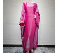 Abito da donna Eid musulmano con maniche a pipistrello in raso in vita per feste Dubai, abito lungo in tinta unita con leggero tessuto elasticizzato per primavera e autunno (taglia media rosa rosso)