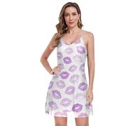 Abito da donna elasticizzato senza maniche regolabile con spalline sottili camicia da notte scollo a V rete lilla baci luce, Lilac Kisses Rossetto Viola Chiaro, S