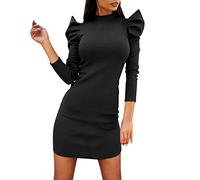 Abito da donna elegante a maglia con collo alto, morbido abito midi elasticizzato, per il tempo libero, alla moda, mini abito da sera, Nero , XXL