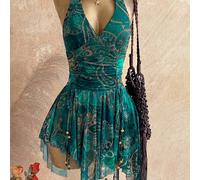 Abito da donna elegante, bohémien e tropicale, con spalline, schiena scoperta, frange e stelle a cinque punte, adatto per occasioni casual come vacanze, matrimoni, lauree, feste di San Patrizio, prima