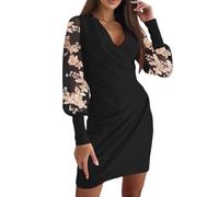Abito da donna, elegante, con scollo a V, abito da festa, in rete, a maniche lunghe, da cocktail, con paillettes, abito da sera corto, in pizzo, slim, O giallo, XL