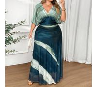 Abito da donna elegante con scollo a V, vita elastica e pieghe, effetto tie-dye, fluido e comodo, adatto per primavera/autunno, ideale come abito da cerimonia 5XL,6XL,7XL,8XLGraficoTessuto in maglia