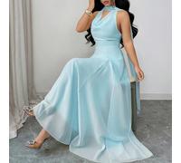 Abito da donna elegante con scollo drappeggiato, vita stretta e senza maniche, in colore giallo sole adatto per vacanze al mare, primavera/estate L,M,S,XLColore unicoTessuto intrecciato