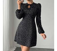 Abito da donna elegante con stampa a pois, fiocco in vita, maniche lunghe e vita stretta, adatto per la primavera e l'autunno L,M,S,XLGeometrico,Pois,stampa dappertuttoTessuto intrecciato