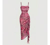 Abito da donna elegante con stampa floreale rosa, volant e orlo asimmetrico, stile milkmaid, abito estivo lungo bohémien, abbigliamento boho autunnale per damigella d'onore L,M,S,XL,XS,XXL,XXS,XXXL,XX