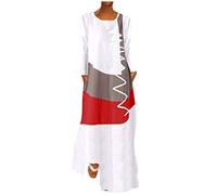 Abito da donna elegante, da donna, taglie forti, a maniche lunghe, stile vintage, patchwork, stile bohémien, con scollo a O, per l'estate (bianco S)