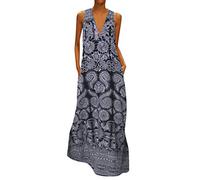 Abito da donna elegante, da donna, taglie forti, casual, senza maniche, vintage, con scollo a V, abito lungo da donna estivo (grigio S)