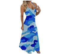 Abito da donna elegante, da donna, taglie forti, con scollo a V, senza maniche, abito lungo lungo da donna, per l'estate (blu M)