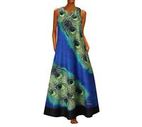 Abito da donna elegante, da donna, taglie forti, senza maniche, con stampa pavone, lungo abito estivo, da spiaggia, per donna, estate (blu XXL)