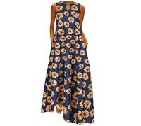 Abito da donna elegante, da donna, taglie forti, senza maniche, vintage, con scollo a V, con girasole, stile bohémien, per l’estate (blu marino)