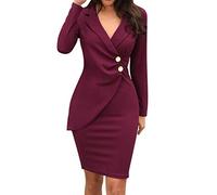 Abito da donna elegante, da donna, tinta unita, a maniche lunghe, con bottoni a maniche lunghe, aderente a casaul da lavoro, vestito formale, vestito da donna estivo (wine XXL)