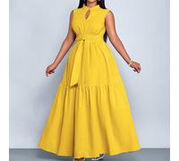 Abito da donna elegante e casual da città o per uscire, di colore blu, con collo alto, taglio sulla parte anteriore, senza maniche, con vita stretta e fiocco, nuovo per l'estate, taglia grande 0XL,1XL