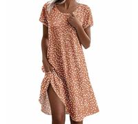 Abito da donna elegante e chic con scollo rotondo, abito estivo in lino, da donna, lunghezza al ginocchio, maniche corte, casual, per spiaggia, bohémien, chic, a pois stampati, 2*Arancione, XL