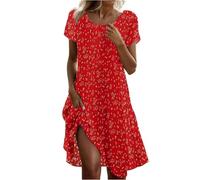 Abito da donna elegante e chic con scollo rotondo, abito estivo in lino, da donna, lunghezza al ginocchio, maniche corte, casual, per spiaggia, bohémien, chic, a pois stampati, 2*Rosso, XXL