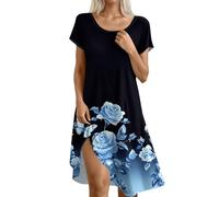 Abito da donna elegante e chic con scollo rotondo, abito estivo in lino, da donna, lunghezza al ginocchio, maniche corte, casual, per spiaggia, bohémien, chic, a pois stampati, 1 x nero, L