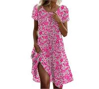 Abito da donna elegante e chic con scollo rotondo, abito estivo in lino, da donna, lunghezza al ginocchio, maniche corte, casual, per spiaggia, bohémien, chic, a pois stampati, 2*Rosa, S