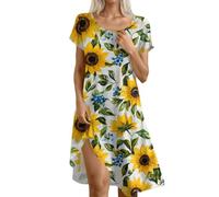 Abito da donna elegante e chic con scollo rotondo, abito estivo in lino, da donna, lunghezza al ginocchio, maniche corte, casual, per spiaggia, bohémien, chic, a pois stampati, 1 x giallo, XL