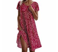 Abito da donna elegante e chic con scollo rotondo, abito estivo in lino, da donna, lunghezza al ginocchio, maniche corte, casual, per spiaggia, bohémien, chic, a pois stampati, 2*vino, S