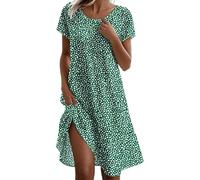 Abito da donna elegante e chic con scollo rotondo, abito estivo in lino, da donna, lunghezza al ginocchio, maniche corte, casual, per spiaggia, bohémien, chic, a pois stampati, 3*verde, M