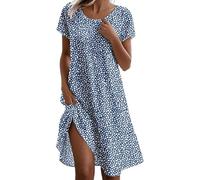 Abito da donna elegante e chic con scollo rotondo, abito estivo in lino, da donna, lunghezza al ginocchio, maniche corte, casual, per spiaggia, bohémien, chic, a pois stampati, 3*Blu, XL