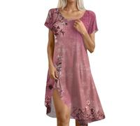 Abito da donna elegante e chic con scollo rotondo, abito estivo in lino, da donna, lunghezza al ginocchio, maniche corte, casual, per spiaggia, bohémien, chic, a pois stampati, 1 x rosso, M