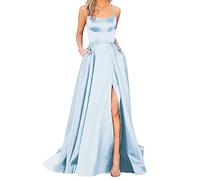 Abito da donna elegante e lungo, con tasche, in raso, linea ad A, senza spalline, abito da sera, sexy, con allacciatura al collo, spaghetti, lungo, principessa, damigella d'onore, abito da sera,